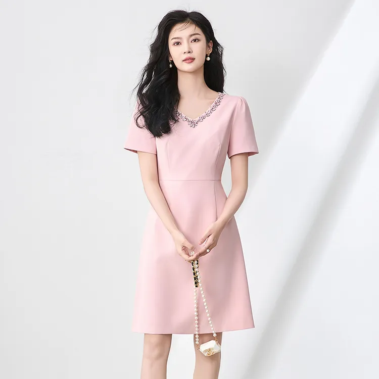 2506811-名媛重工领镶钻短袖收腰连衣裙法式南油高品质女夏新款