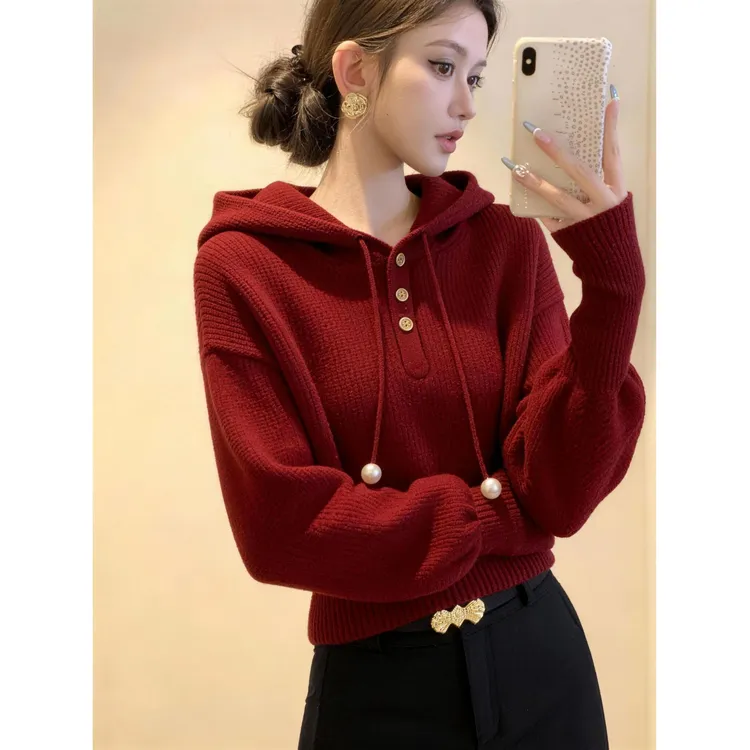 圣诞新年少女减龄显瘦红色氛围感针织衫冬季新款长袖休闲连帽卫衣