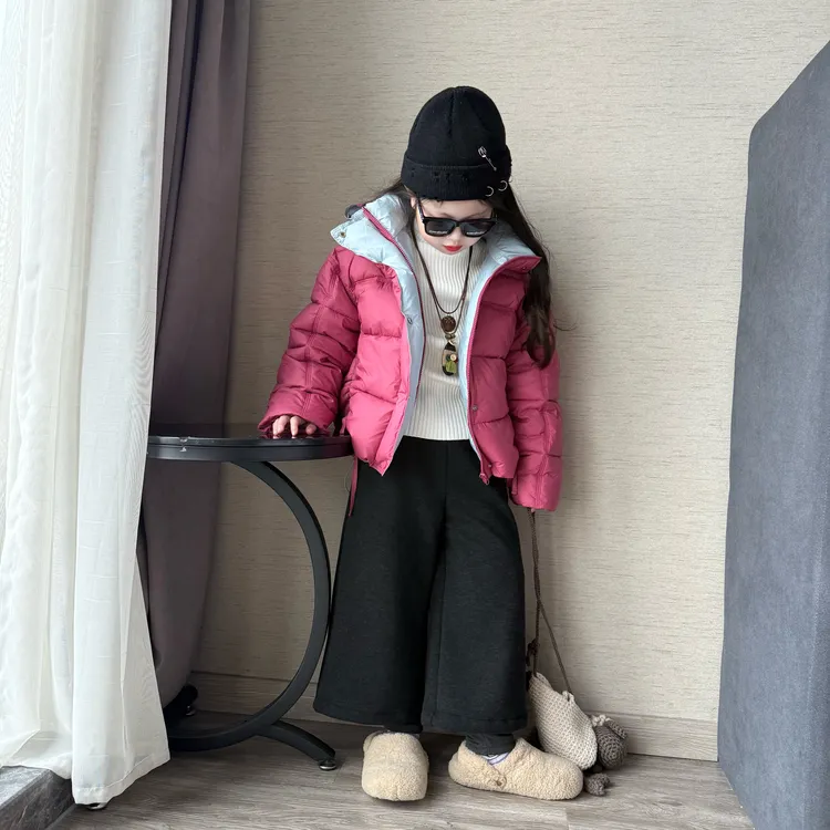女童冬季韩版洋气拼色棉衣外套2025中大童女孩真两件打底九分裤潮