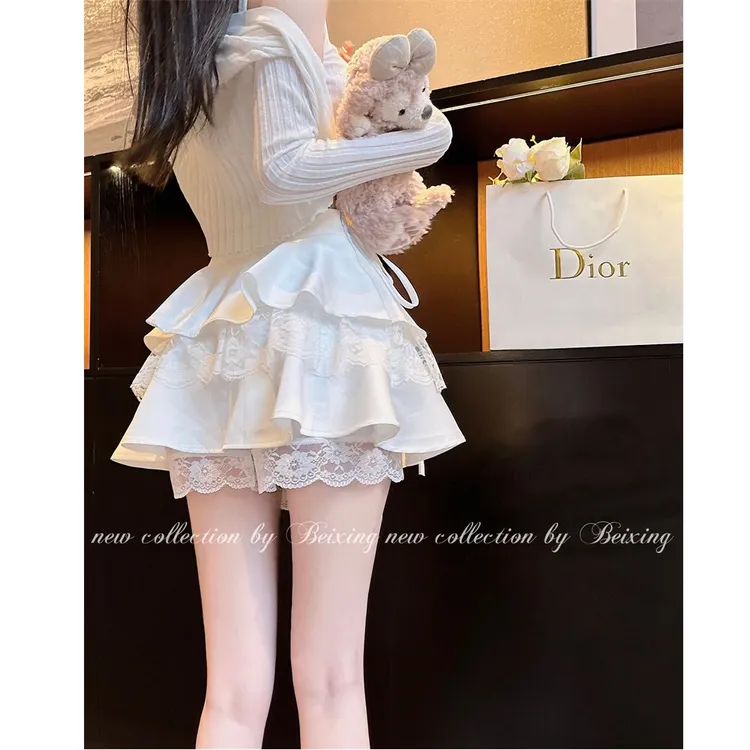 白色荷叶边蓬蓬半身裙女夏蕾丝层次感a字短裙少女芭蕾风花苞裙裤