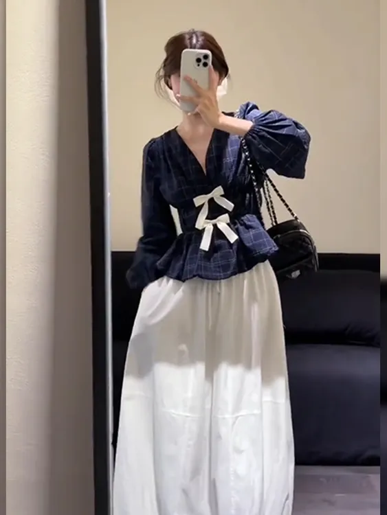 韩版气质蝴蝶结格纹长袖衬衫花苞半裙女装2025秋冬新款高级感套装
