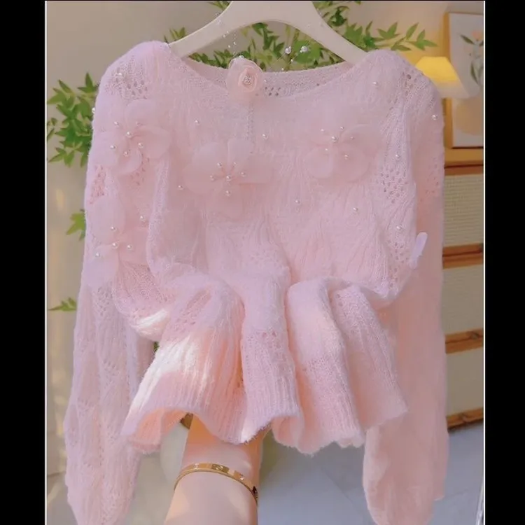 法式甜美花朵上衣针织衫镂空春秋2025蝴蝶新款通勤慵懒宽松毛衣