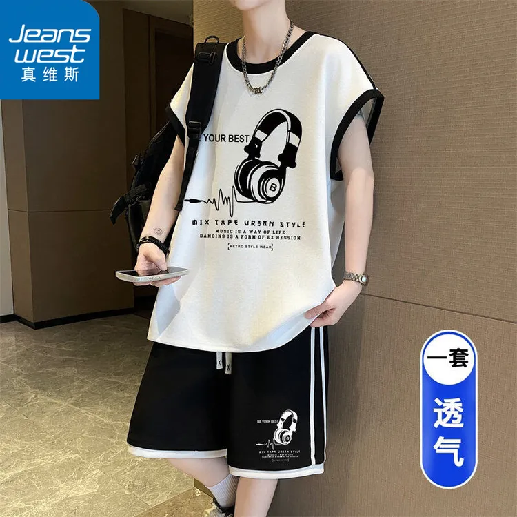Jeanswest/真维斯2025夏季青少年学生港风坎肩短裤套装港风休闲男