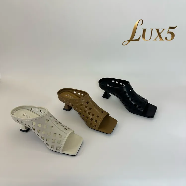 【LUX5】夏季新款胎牛皮时尚老钱轻奢风镂空露趾鱼嘴凉拖细跟女鞋