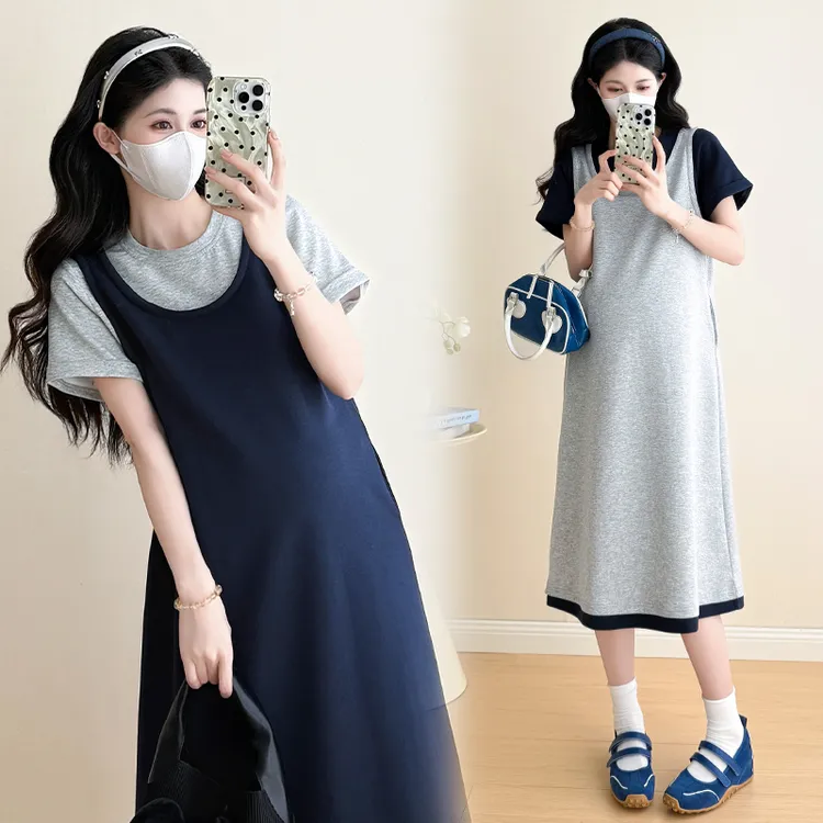 孕妇夏装连衣裙2025新款夏天薄款假两件裙子宽松短袖休闲减龄长裙