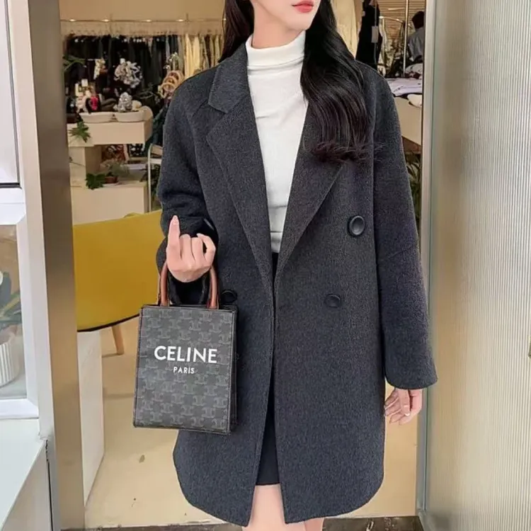 韩衣舍优选1315中长款加厚双面羊绒大衣时尚百搭（80公分左右衣长）