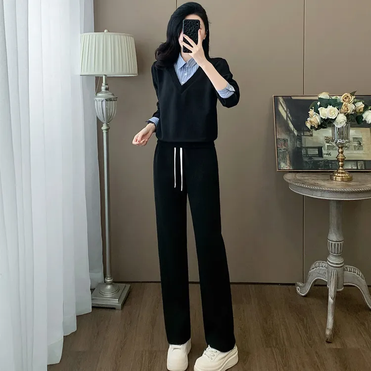 休闲时尚套装女春秋显瘦气质减龄洋气运动假两件卫衣阔腿裤两件套