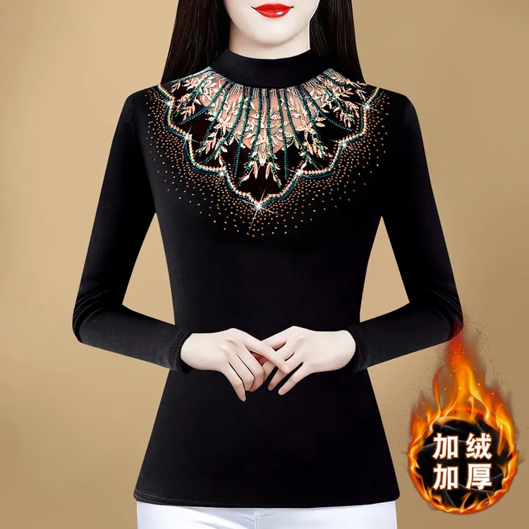 2025秋冬长袖女装新款女士蕾丝衫加厚加绒保暖银丝上衣打底衫洋气