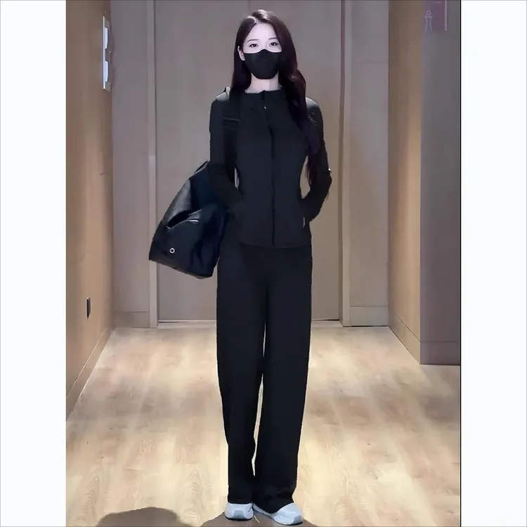 黑色休闲运动套装女健身瑜伽跑步速干防晒外套长裤秋装搭配一整套