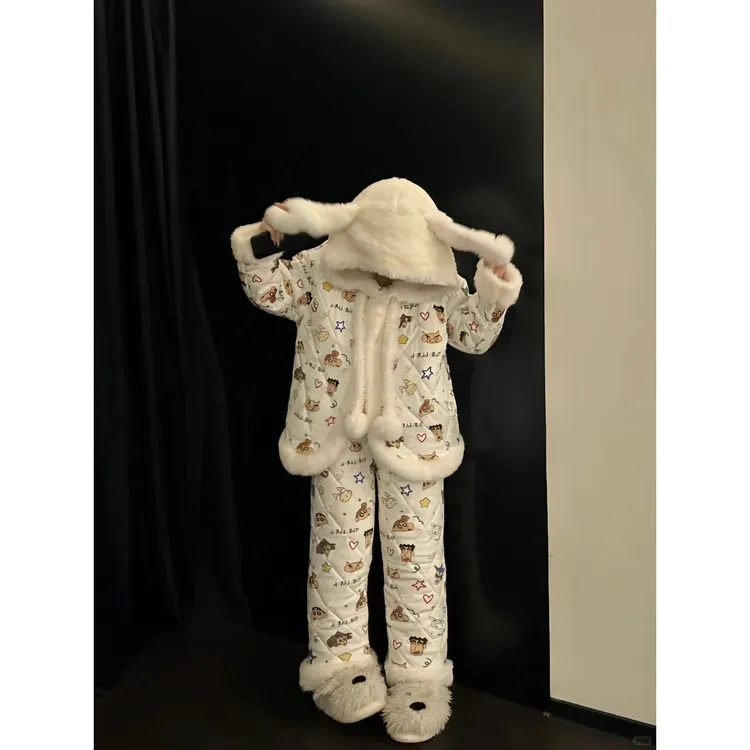 可爱卡通蜡笔小新夹棉睡衣女秋冬季新款加厚保暖家居服套装可外穿