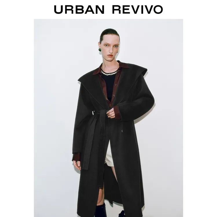 UR2025秋季新款女装腰带连帽大衣呢料外套UWG150057+