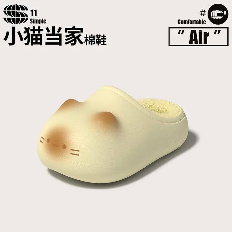 2025新款小猫棉拖鞋女冬季可爱卡通居家厚底增高防水保暖情侣外穿