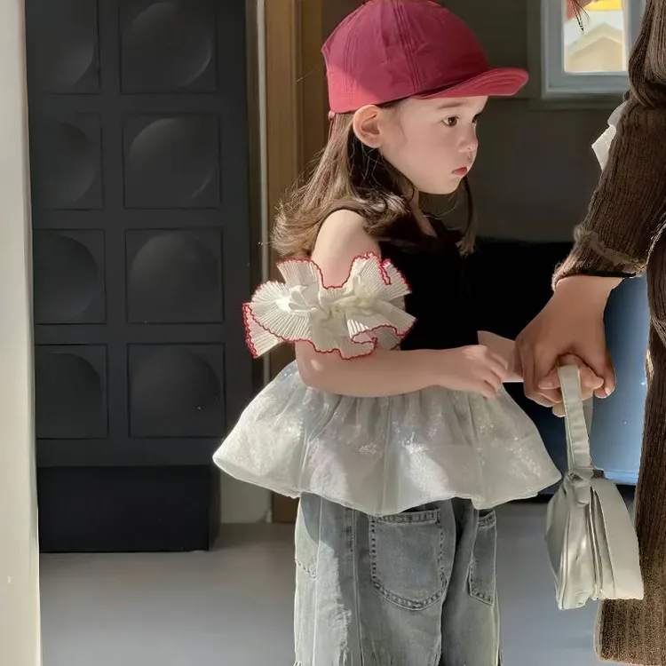 女童套装2025夏季新款亮片背心裙牛仔裤套装女孩镂空女宝宝两件套