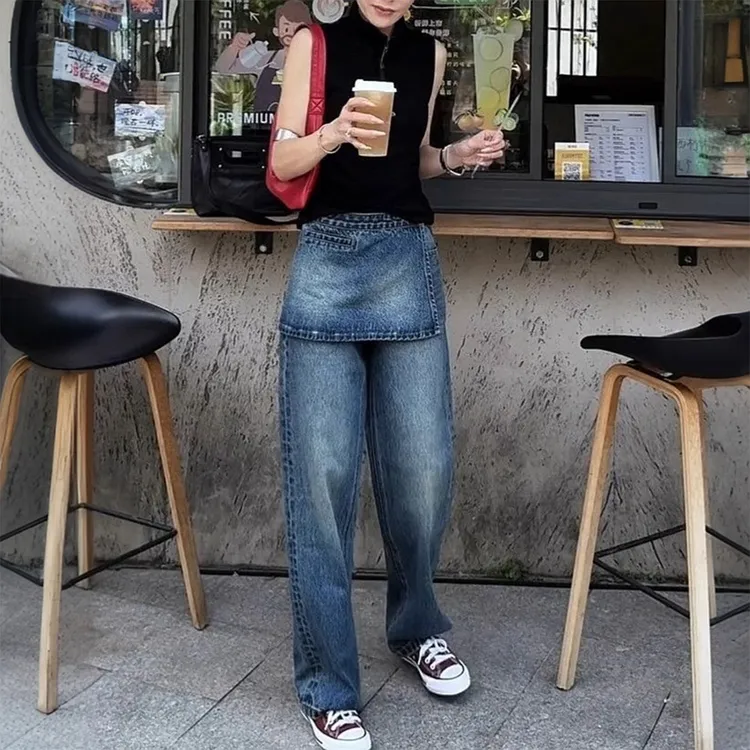 2025年新款大码窄版直筒牛仔裤女秋季阔腿裤胖mm显瘦假两件拖地裤