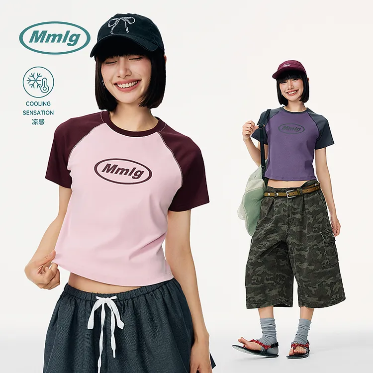 Mmlg2025夏季新款撞色插肩短袖t恤复古潮流修身圆领上衣女FQT123