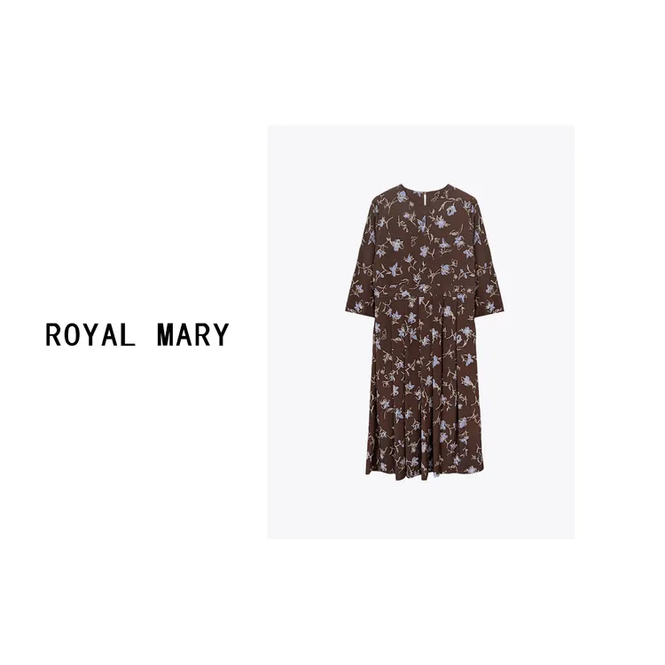 ROYAL MARY气质度假风复古印花圆领桑蚕丝中长连衣裙HY-2299-1