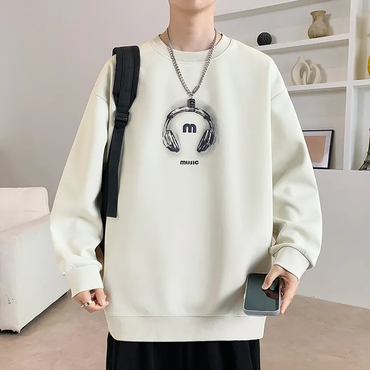 春秋季新款青少年潮流美式宽松上衣男生圆领印花长袖套头卫衣打底