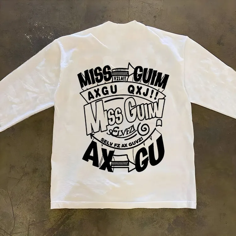 2025纯棉重磅时尚美式嘻哈上衣潮男百搭字母印花圆领螺口长袖T恤