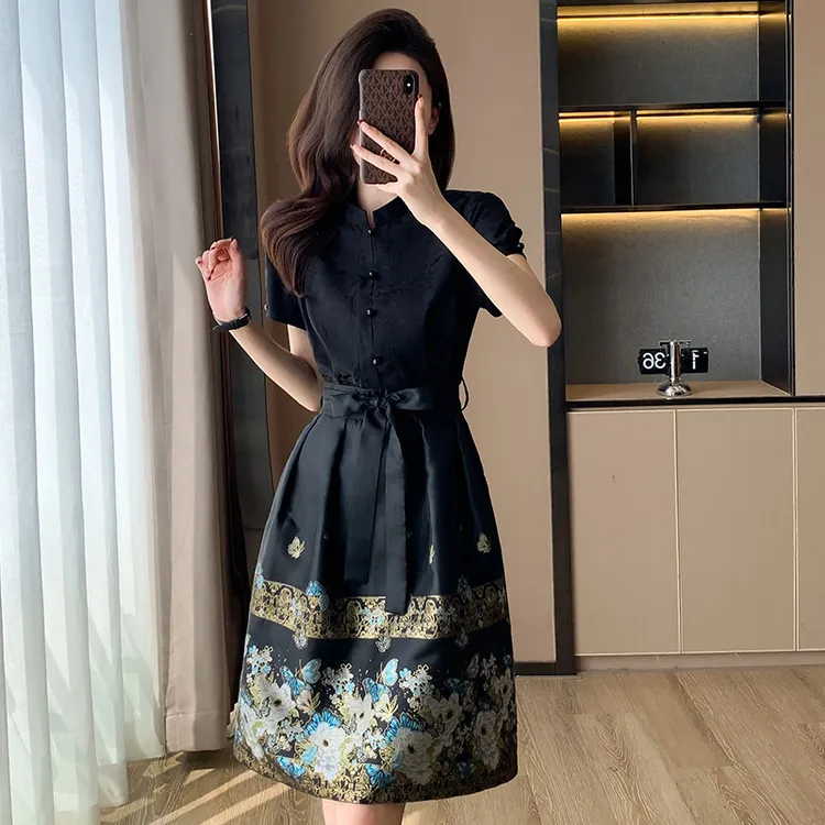 YY新中式汉服连衣裙春装改良轻国风高端刺绣提花拼接短袖马面裙SM