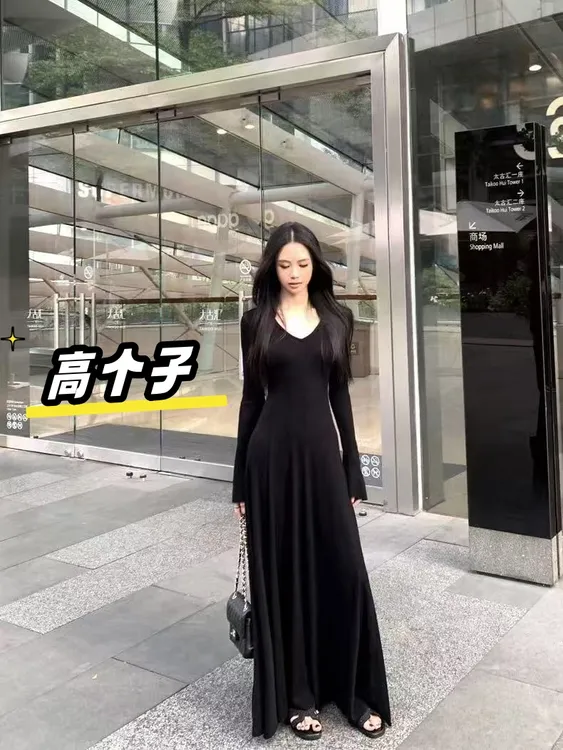 裙长141高个子超长V领微喇袖连衣裙春秋冬加长优雅修身收腰长裙