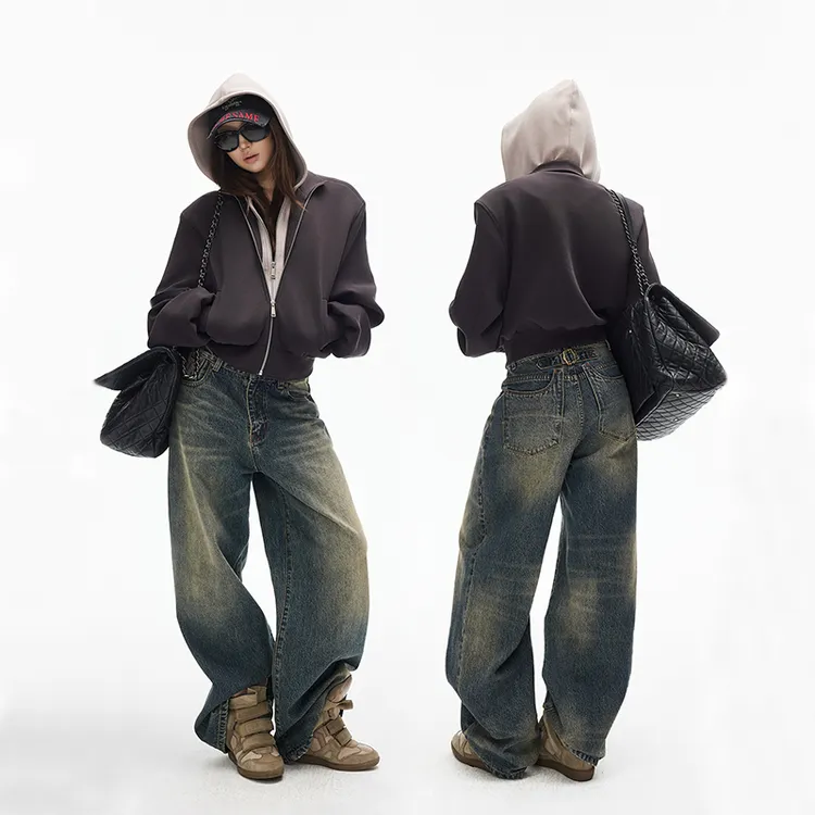 Two Million/双拉链连帽假两件短款外套+牛仔做旧水洗直筒裤套装