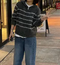 Sevbasks 七七家韩版 深灰拼色浅灰条纹连帽休闲拉链慵懒通勤开衫