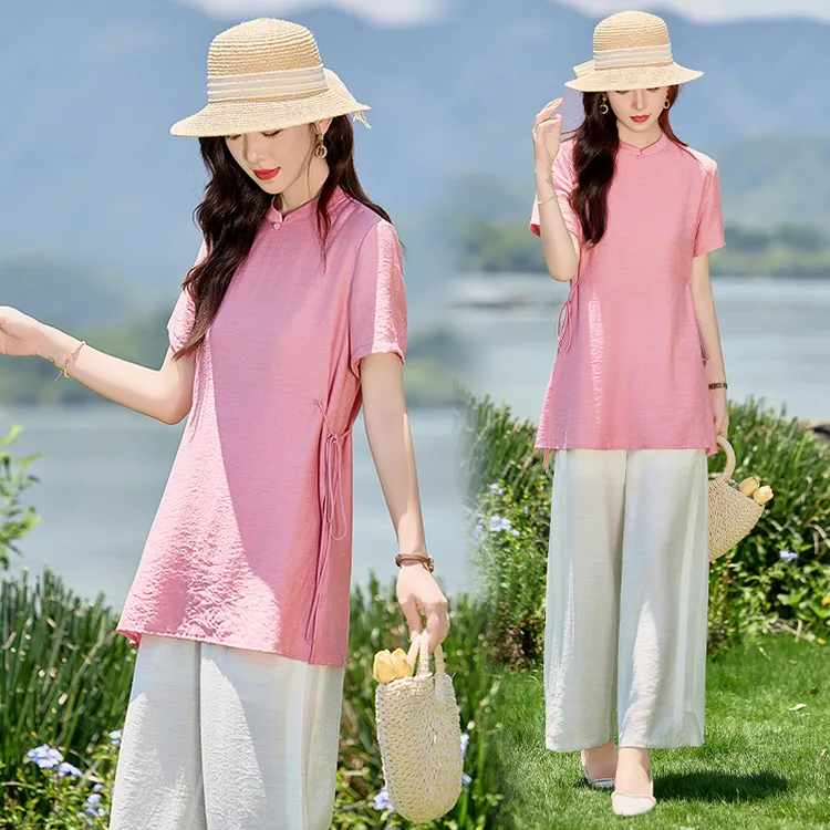 新中式国风复古盘扣套装女2025年夏季新款松弛感气质阔腿裤三件套