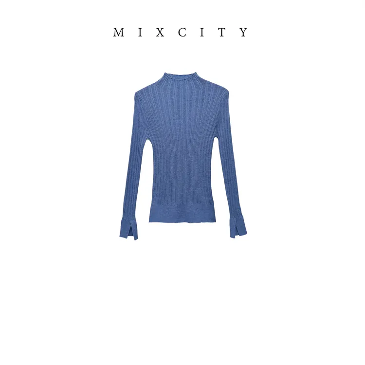 【MIXCITY亚楠家】宝蓝衫◆半高领弹力修身精纺羊毛打底针织衫9175