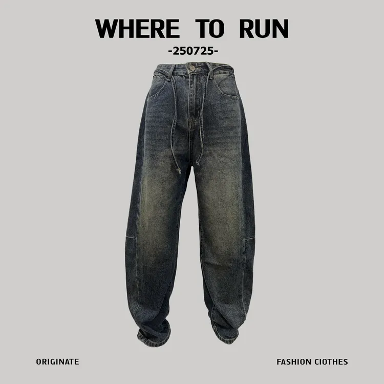 WHERETORUN秋冬款轻奢宽松弯刀阔腿牛仔裤男女百搭高街水洗潮流
