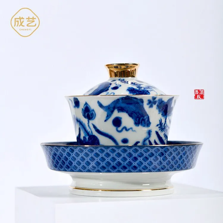 成艺青花瓷融香介杯手工复古陶瓷中式白瓷珐琅彩瓷盖碗茶具茶盖碗