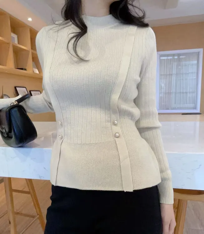 春秋季杏色常规通勤显瘦毛针织衫长袖针织衫修身百搭上衣打底衫