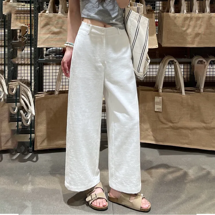 白色苎麻九分阔腿裤女夏季薄款高腰显瘦垂感老钱风休闲棉麻直筒裤
