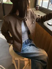 番茄妹妹Tomatosister秋季百搭修身短款牛皮绒简约复古拉链外套女