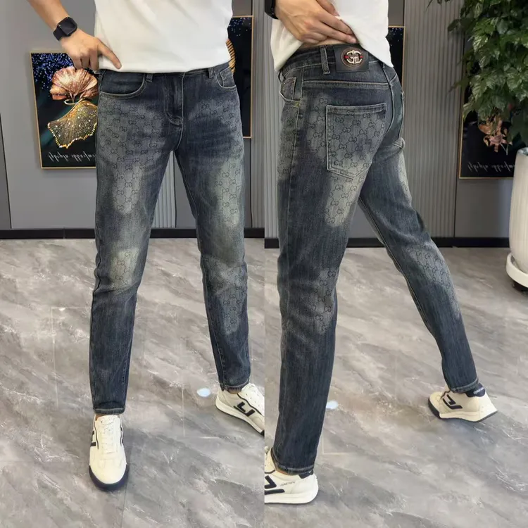 长裤秋季时尚修身百搭拼接印花牛仔裤弹力显瘦舒适潮流男士小脚裤