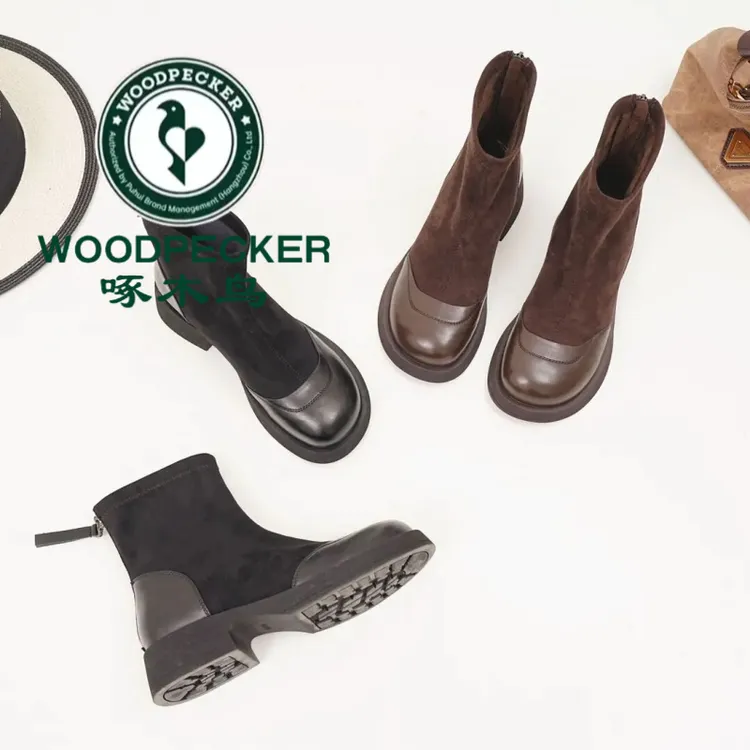 啄木鸟2025秋新粗跟弹力短靴女网红时尚厚底百搭美拉德瘦瘦马丁靴