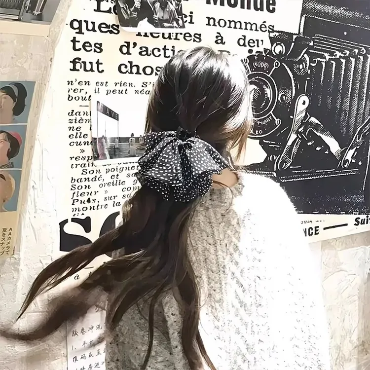 法式复古波点蝴蝶结抓夹女气质时尚小号半扎发马尾鲨鱼夹发夹发饰