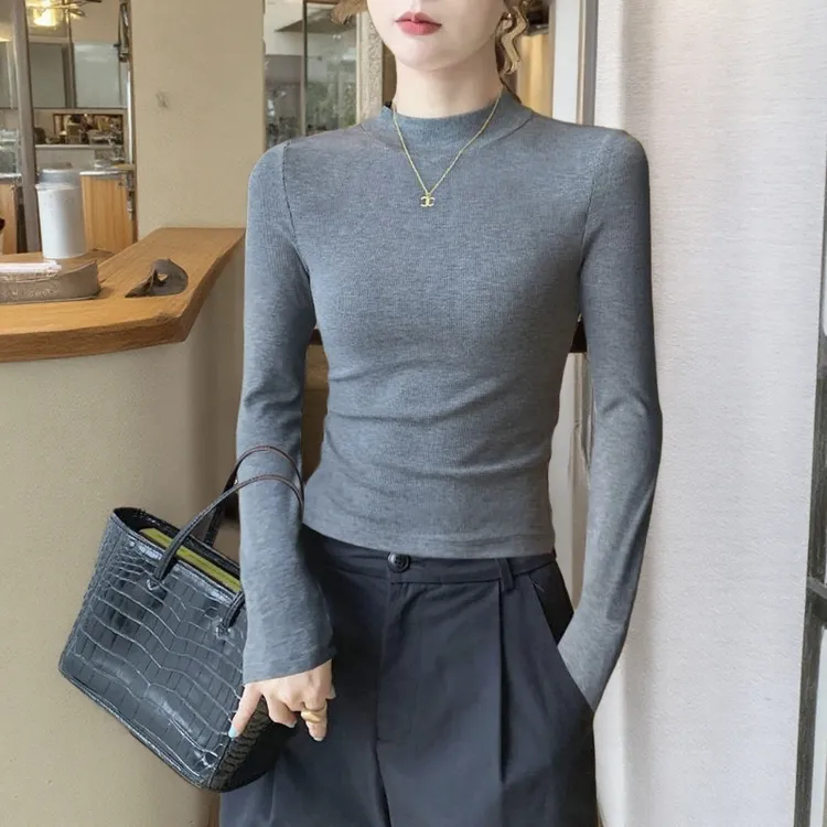 HTKD针织小圆领打底衫女内搭新款春秋冬修身长袖恤洋气上衣螺纹显