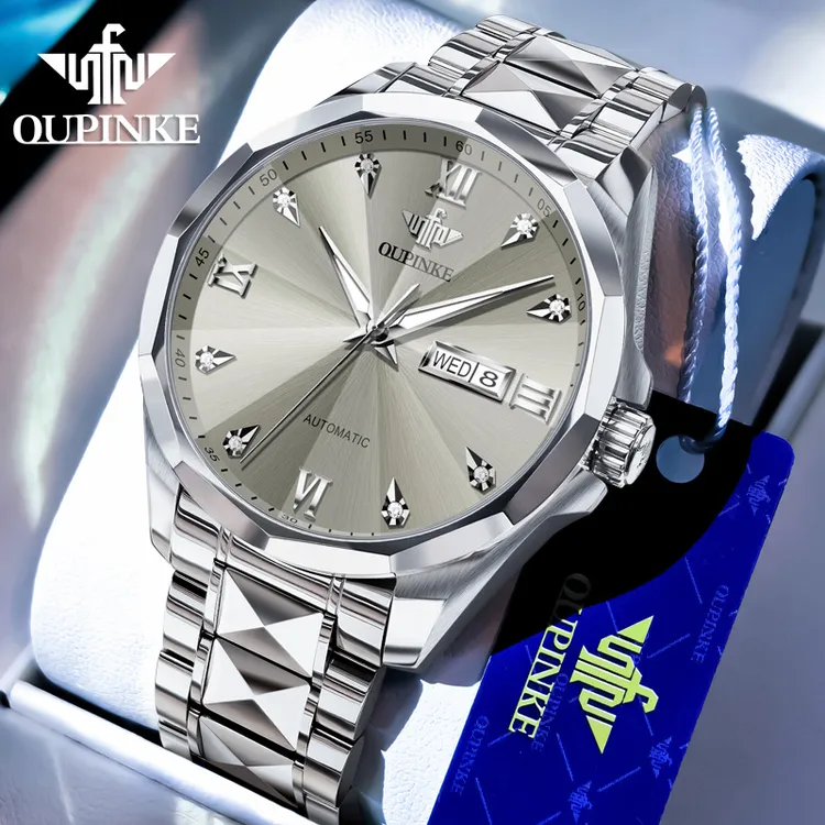 瑞士欧品客手表男士双日历简约商务全自动机械表精钢夜光防水腕表