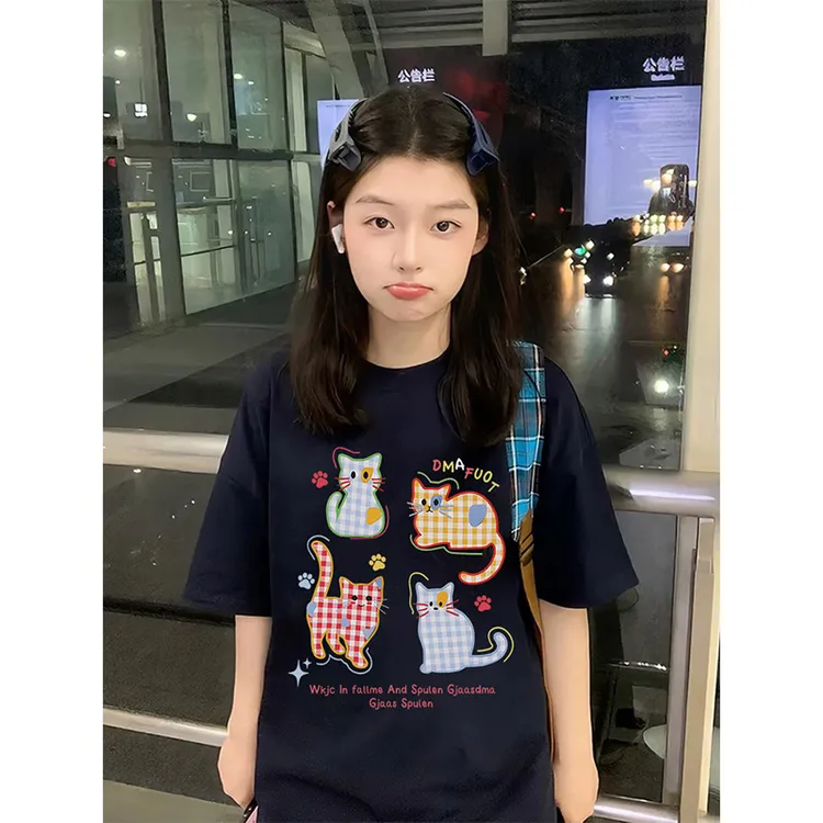 夏季新款藏青色纯棉短袖T恤女设计感小众百搭休闲卡通印花上衣潮