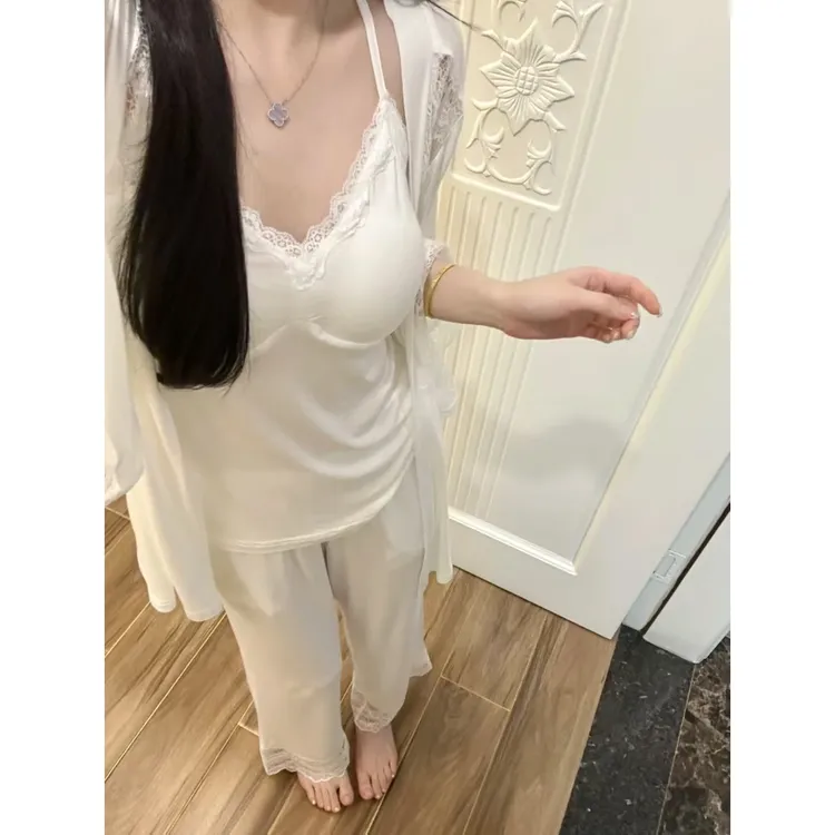 【奶白三件套】带胸垫纯色睡衣女春秋季新款性感蕾丝家居服套装