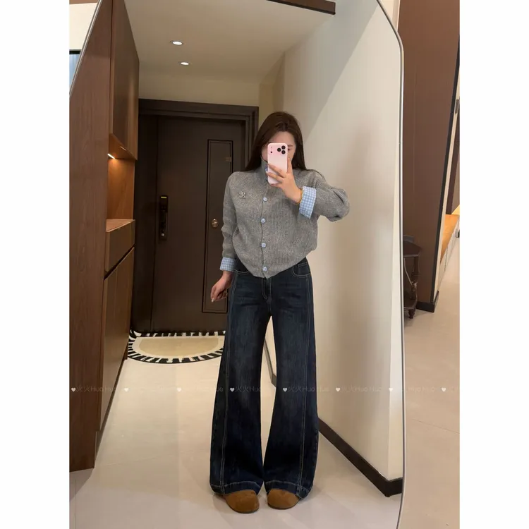 7010#深蓝不贴腿牛仔裤女新款秋冬季复古显瘦高腰宽松直筒微喇裤