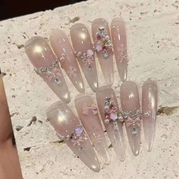 【甜心圣诞】高级感纯欲风珍珠蝴蝶猫眼气质手工显白穿戴甲贴片美甲