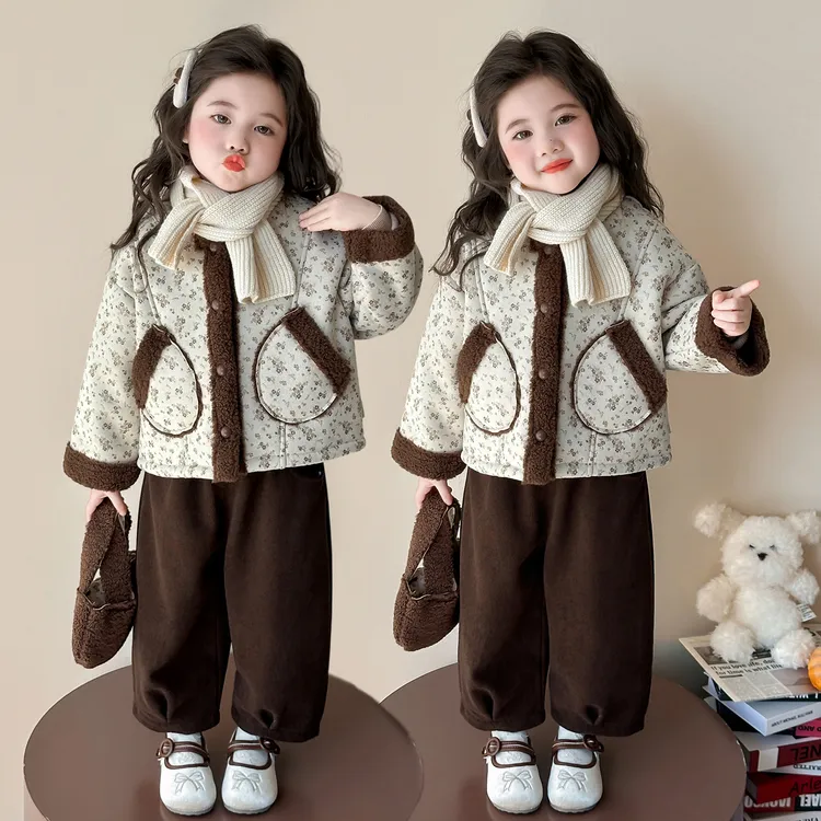 女童秋冬加绒套装儿童洋气加厚冬装女宝宝森系碎花棉衣保暖两件套