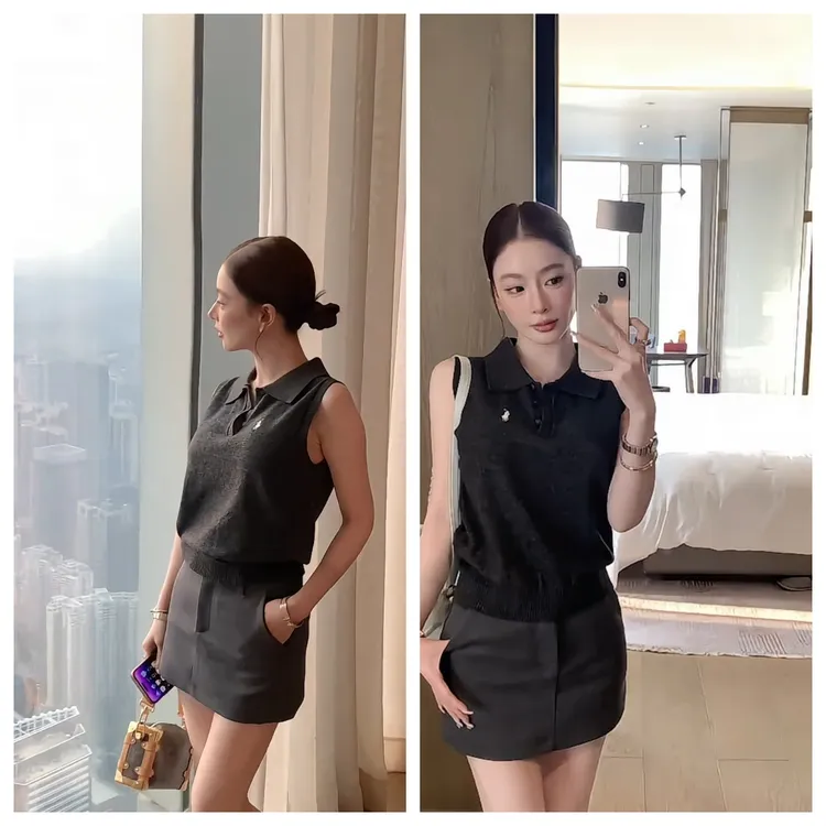 【高美学姐】夏季休闲时尚百搭无袖针织上衣&气质轻奢半裙网红打底