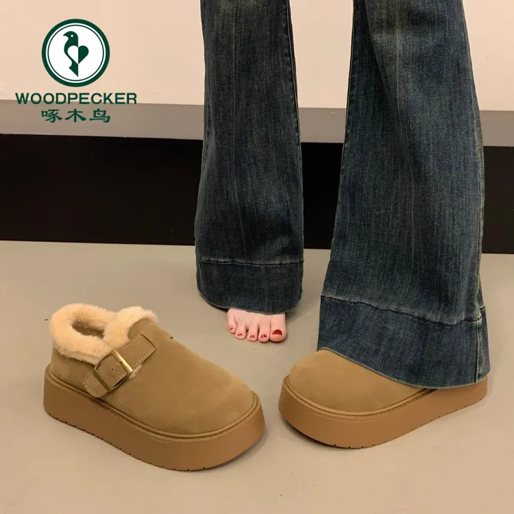 啄木鸟厚底加绒豆豆勃肯鞋女新款冬外穿毛毛面包鞋保暖棉鞋雪地靴