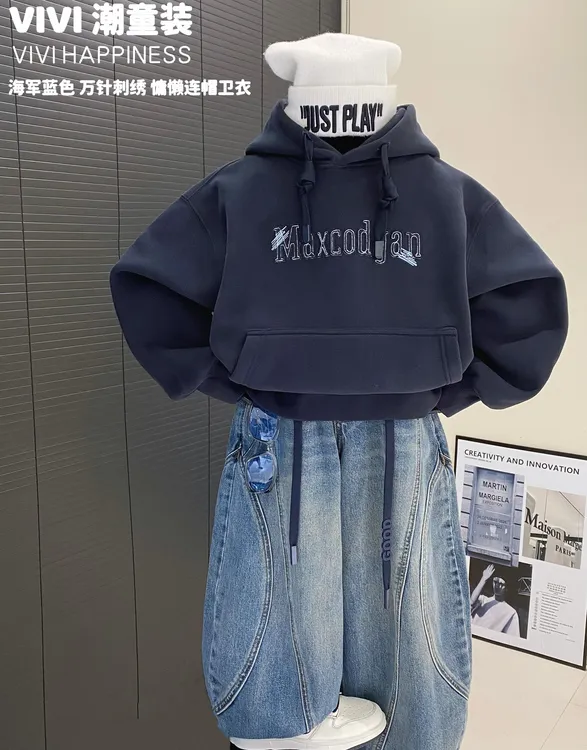  【现货】VIVI童装【睿雅藏青】秋冬亲子装中大童洋刺绣慵懒连帽卫衣