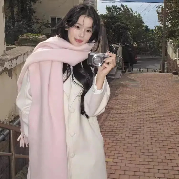 淡粉色软糯蓬松纯色围巾女秋冬季加厚仿羊绒披肩韩版保暖围脖百搭