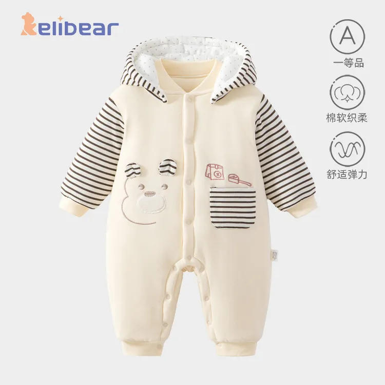 婴儿衣服秋冬季连帽连体衣新生儿衣服满月宝宝加厚哈衣棉衣外出服