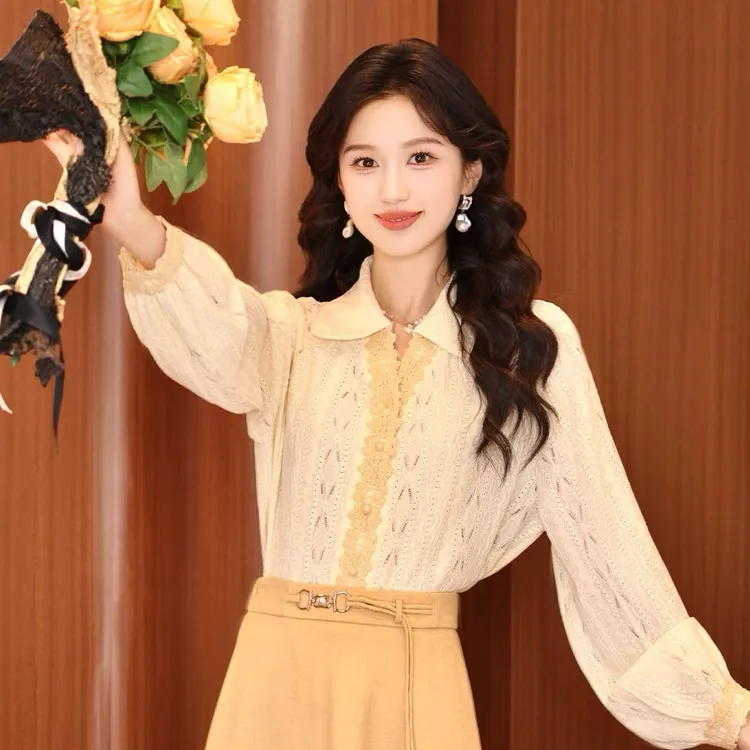 复古港风蕾丝长袖衬衫女2025早秋新款设计感宽松高级感气质上衣