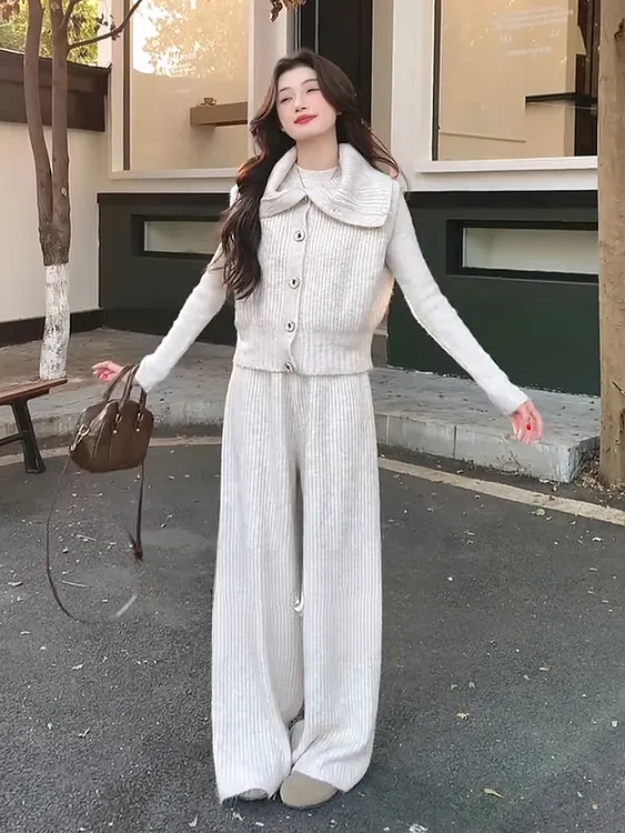 韩版慵懒风毛衣三件套女复古高级感翻领针织马甲阔腿裤休闲套装潮